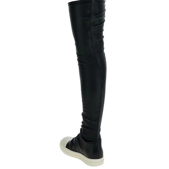 RICK OWENS SS24 KNEE-HIGH STOCKING SNEAKS IN BLACK AND MILK STRETCH LAMB LEATHER - Picture 3 of 14